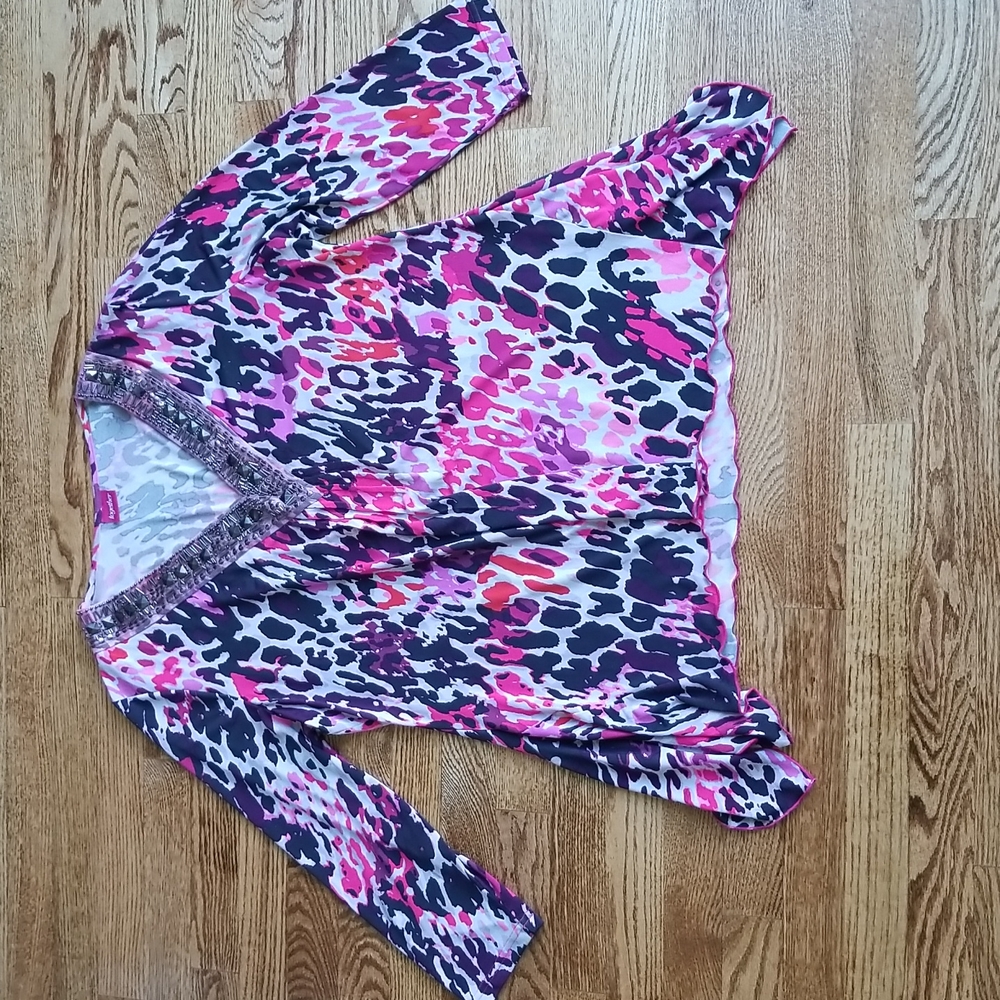 (14-16) Together Animal Print Flowy Shirt Beaded Collar Leopard Colorful Hi Low